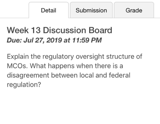 Detail Submission Grade Week 13 Discussion Board Due: Jul 27, 2019 at 11:59 PM Explain the regulatory oversight structure of