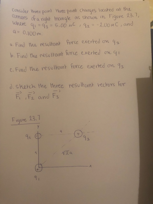 Consider three pont three pont charges located at the ners ranght mangle as shown in Figure 久3.7, a 0,100 m a. Find the resultant force exerted on a b. Find the nesultant furce exerted on q c. Find the resultont force eserted on 1a d sheteh the thrce resullant vecturs fur Fz and Fs Fiqure 23.7 92 13 91