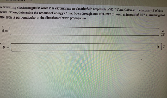 A traveling electromagnetic wave in a vacuum has an electric field amplitude of 92.7 V/m. Calculate the intensity of this wav