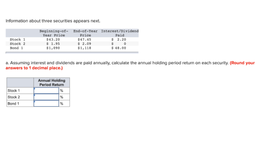 Information about three securities appears next. Stock 1 Stock 2 Bond 1 Beginning-of- Year Price $43.20 $ 1.95 $1,090 End-of-