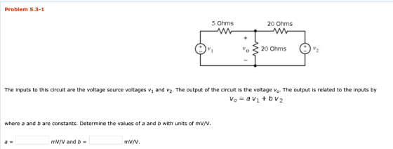 Problem 5.3-1 5 Ohms 20 Ohms o20 Ohms 2 The inputs to this circuit are the voltage source voltages v1 and v2. The output of t