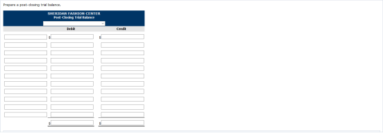 Prepare a post-closing trial balance. SHERIDAN FASHION CENTER Post-Closing Trial Balance Debit Credit $ $