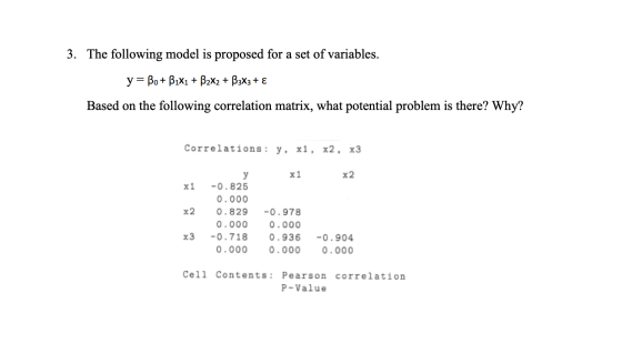 3. The following model is proposed for a set of variables. y = βο + βιX1 + β2Χ2 + β3Χ3 +ε Based on the following correlation