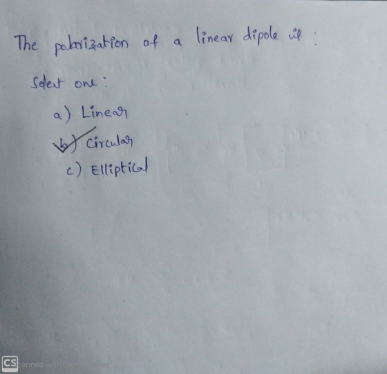 The polarization of a linear dipole us : select one: a) Linear Circular c) Elliptical CScanned with Caleher