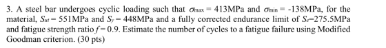 3. A steel bar undergoes cyclic loading such that Omax = 413MPa and Omin = -138MPa, for the material, Sut = 551MPa and Sy = 4