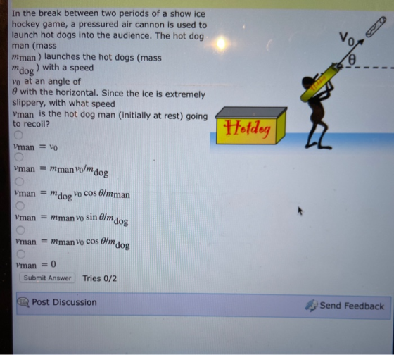 In the break between two periods of a show ice hockey game, a pressured air cannon is used to launch hot dogs into the audien