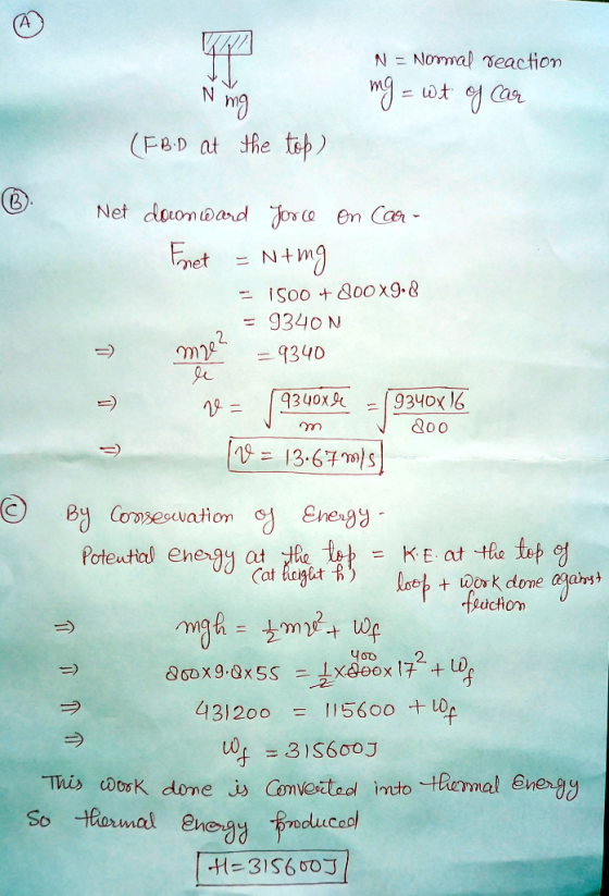KA N mg N = Normal reaction mg = wit of car (FB:D at the top) Vm 200 © Net doonward force on Car- Fonet = Nting = 1500 + 800x