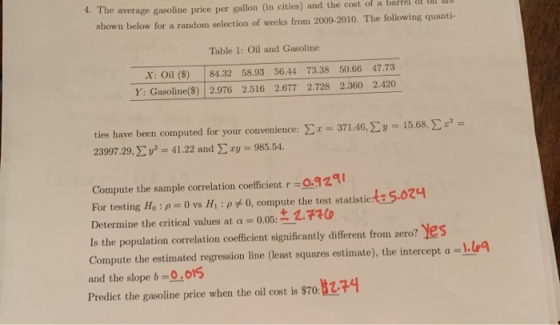 4. The average gasoline price per gallon (in cities) and the cost of a barrel o! shown below for a random selection of weeks