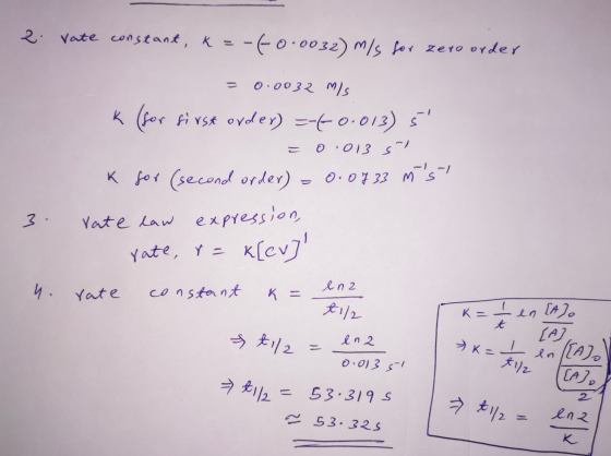 2. Vate constant, k=-(-0.0032) m/s for zero order = 0.0032 m/s k (for first order) =-(-0.013) 5. = 0.013 s) K for (second or