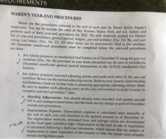 EMENTS ✓ WARENS YEAR-END PROCEDURES Below are the procedures followed at the end of each year by Waren Sports Supplys emplo