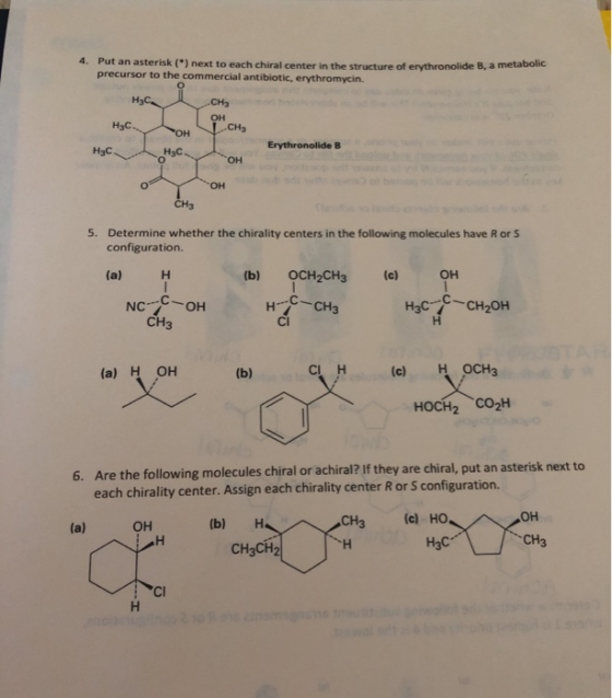 4. Put an asterisk (*) next to each chiral center in the structure of erythronolide B, a metabone precursor to the commercial