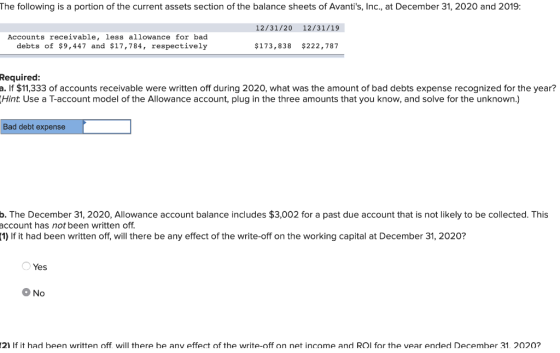 The following is a portion of the current assets section of the balance sheets of Avantis, Inc., at December 31, 2020 and 20