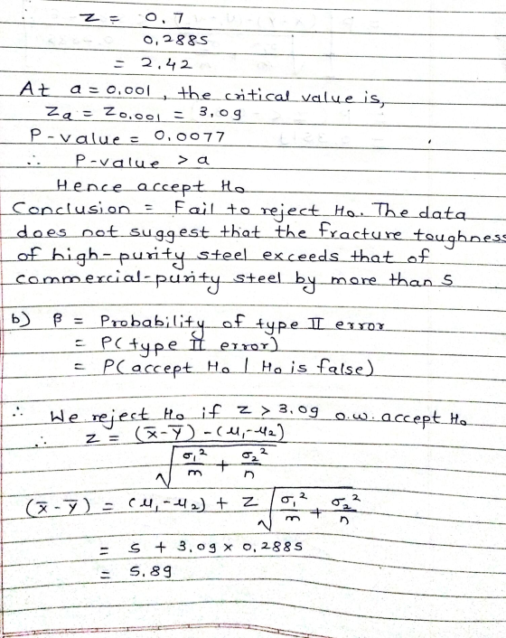 0,7 0,2885 2.4 2 a = 0,001 At the critical value is, Za = 20.001 = 3, og P-value = O,0077 P-value Hence accept Ho Conclusion