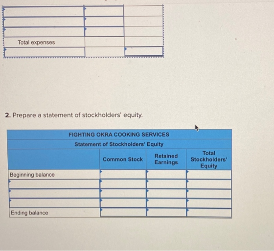 Total expenses 2. Prepare a statement of stockholders equity. FIGHTING OKRA COOKING SERVICES Statement of Stockholders Equi