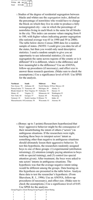 ) With Toal 1. Studies of the degree of residential segregation between blacks and whites use the segregation index, defined