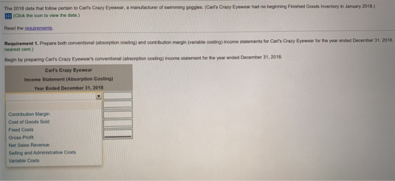 The 2018 data that follow pertain to Carrs Crazy Eyewear, a manufacturer of swimming goggles. (Carls Crazy Eyewear had no b