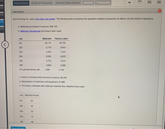 Instructions Chart of Accounts Amount Descriptions Journal T Accounts < HI Instructions Kurtz Fencing Inc. uses a job order c