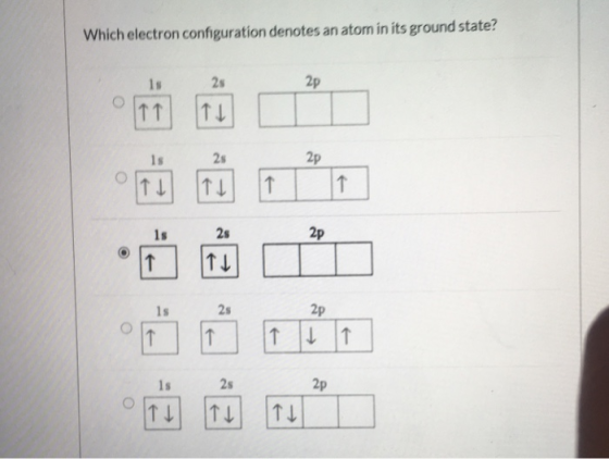 Which electron configuration denotes an atom in its ground state? 0 0 0