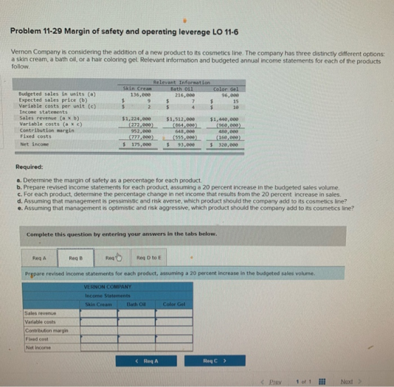 Problem 11-29 Margin of safety and operating leverage LO 11-6 Vernon Company is considering the addition of a new product to