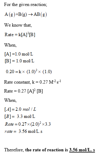 For the given reaction A(g)+B(g)→AB(g) We know that, Rate kA B] When, [A] =1.0 mol/L [B] = 1.0 mol/L 0.20-kx (1.0)3x (1.0) Rate constant, k 0.27 M-2 s-1 Rate 0.27 [A [B] When, [A] = 2.0 mol / L [B] = 3.3 mol/L Rate 0.27x(2.0)2 x3.3 rate3.56 mol/L.s Therefore, the rate of reaction is 3.56 mol/L.S