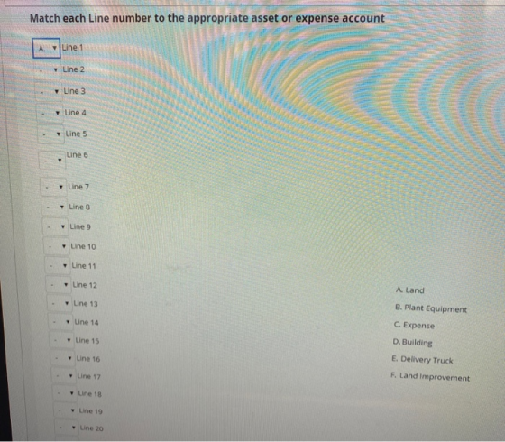 Match each Line number to the appropriate asset or expense account Line 1 Line 2 Line 3 Line 4 G Line 5 Line 6 Line 7 Line 8