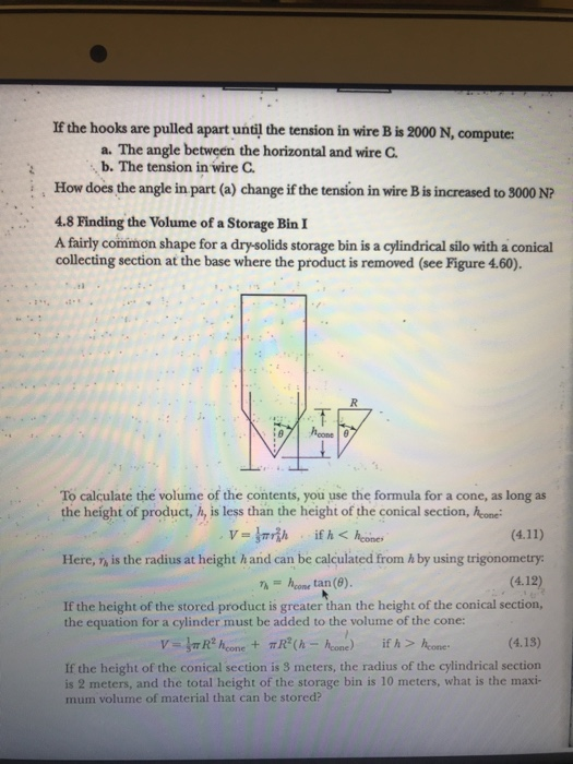 If the hooks are pulled apart until the tension in wire B is 2000 N, compute: a. The angle between the horizontal and wire C.