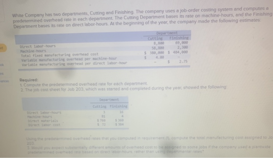 White Company has two departments, Cutting and Finishing. The company uses a job-order costing system and computes a predeter
