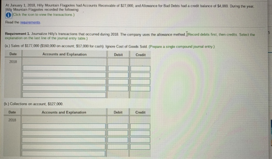 At January 1, 2018, Hly Mountain Flagpoles had Accounts Receivable of $27,000, and Allowance for Bad Debes had a credit balan