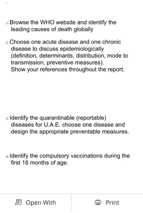 -Browse the WHO website and identify the leading causes of death globally 2. Choose one acute disease and one chroni disease