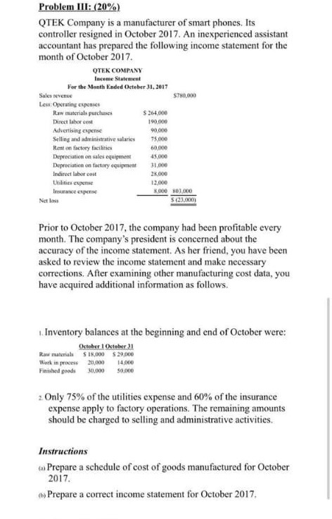 Problem IlI: (20%) QTEK Company is a manufacturer of smart phones. Its controller resigned in October 2017. An inexperienced