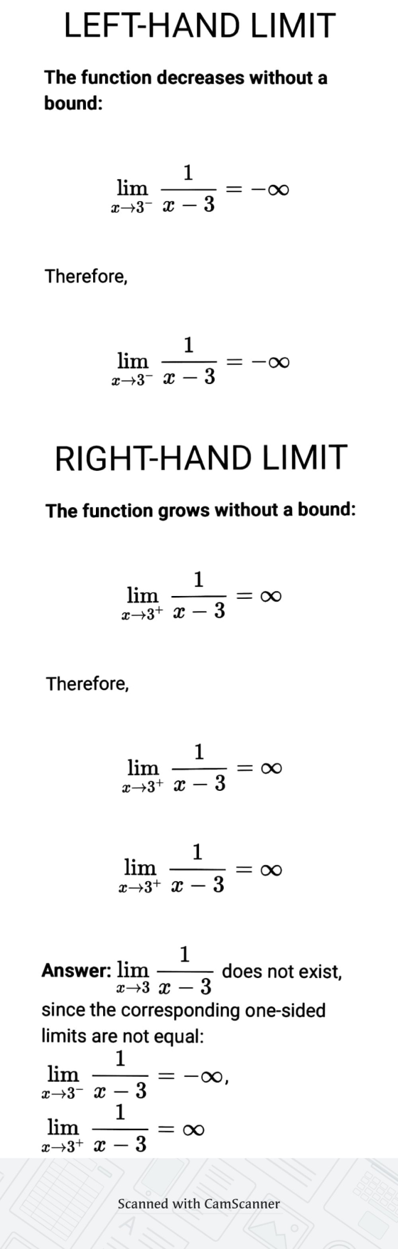 LEFT-HAND LIMIT The function decreases without a bound: 1 = - lim X3- X 0 3 Therefore, 1 = lim 23- X 3 RIGHT-HAND LIMIT The f
