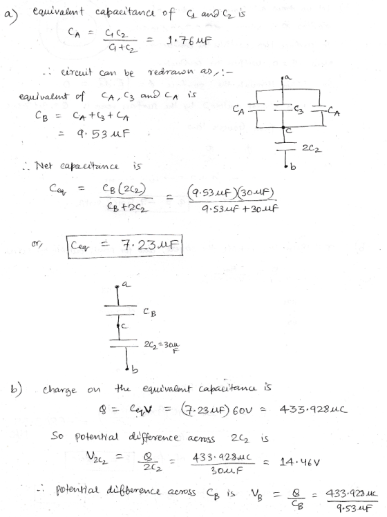 eircuit co be era a 2C2 Net eapacitamca s Cat = CB (24) B +22 a. СВ 202 b) charge on h eaulvaint capautana is So potenhal dif