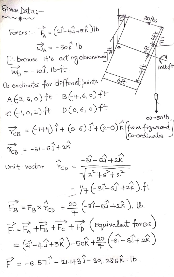 Given Data:- 201bs 것 oft W-50 lb Forces : - = (27-49+5€ Db Wa= -50 K 10 [:- because its acting downrus a mín = -loî, lb-ft.