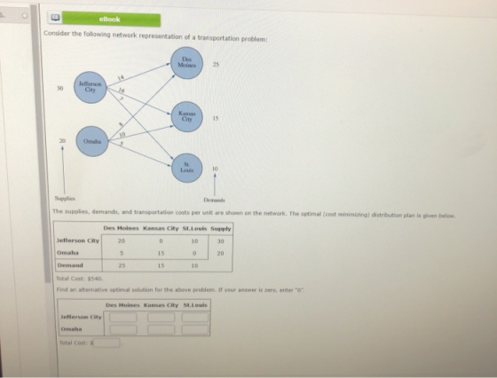 eBook Consider the following network representation of a transportation problem: Des Moines 25 14 30 Jefferson City 16 > Kans