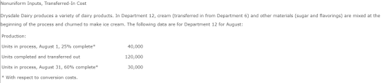 Nonuniform Inputs, Transferred-In Cost Drysdale Dairy produces a variety of dairy products. In Department 12, cream (transfer