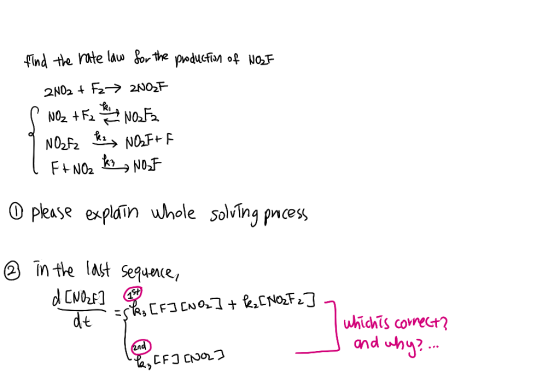 find the rate law for the production of NOZE 2NO3 + Fz2NO3F ( NO 2 + Ez teh y NO2F2 I Nozz ke NO2F+F 1 Ft NO2 kz NOF o please