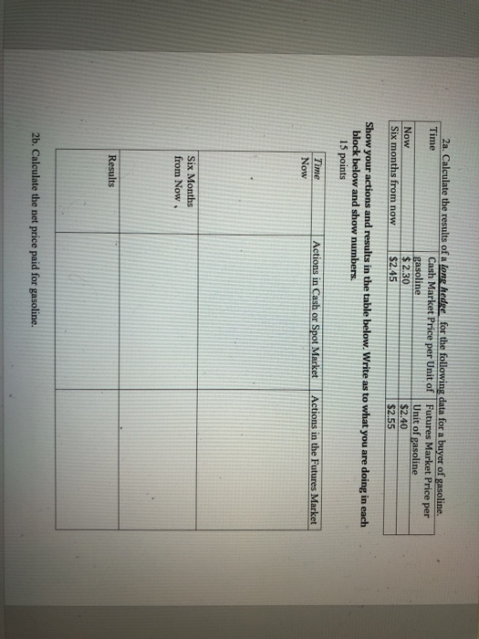 2a. Calculate the results of a Time Cash Market Price per Unit of Futures Market Price per Unit of gasoline $2.40 $2.55 2.30 Now Six months from now$2.45 Show your actions and results in the table below. Write as to what you are doing in each block below and show numbers 15 points Actions in Cash or Spot Market Actions in the Futures Market Now Six Months from Now Results 2b. Calculate the net price paid for gasoline.