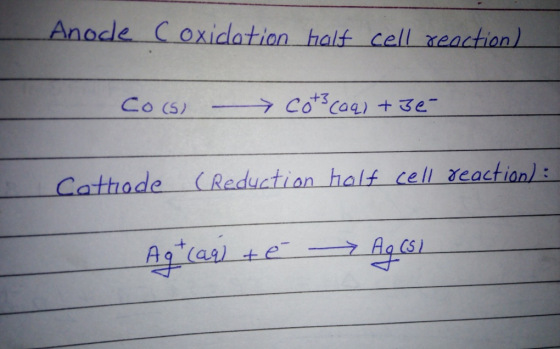 Anode C oxidation half cell reaction) (S ) - 3e Co (5) -→ Com? (09) + 3e- Cottrode (Reduction half cell reaction): Agt lag te
