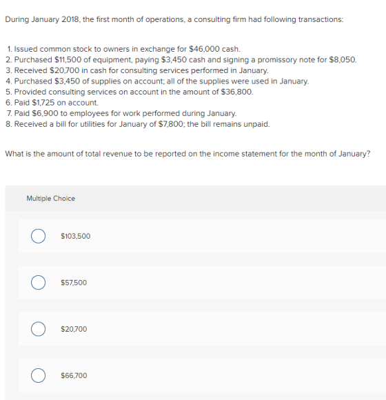 During January 2018, the first month of operations, a consulting firm had following transactions: 1. Issued common stock to o