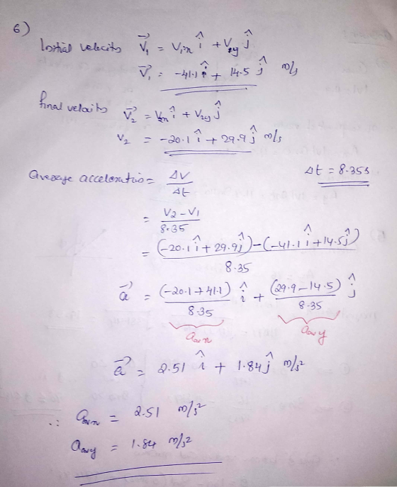 6) Loitial ratecite & vini e il V : -410$+ 14.5 final velocity I = kn + vay = -20.1 i +299) mL at = 8.355 Overige acceleratio
