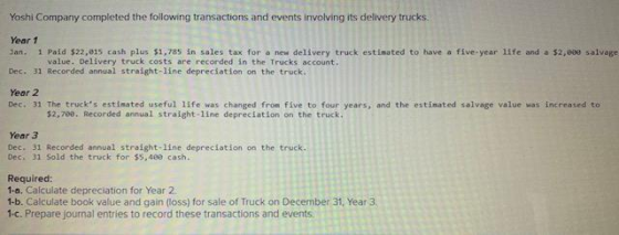 Yoshi Company completed the following transactions and events involving its delivery trucks Year 1 Jan. 1 Poid $22,015 cash p