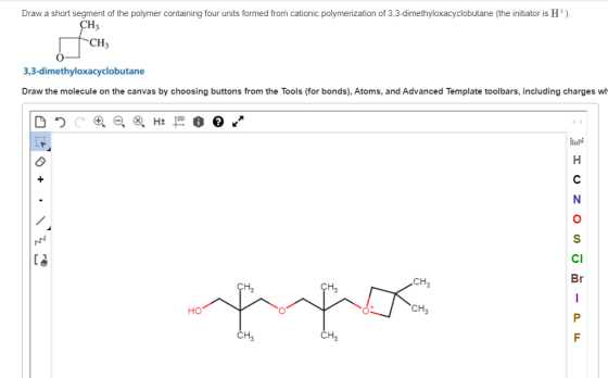 Draw a short segment of the polymer containing four units formed from cationic polymerization of 3,3-dimethyloxacyclobutane (