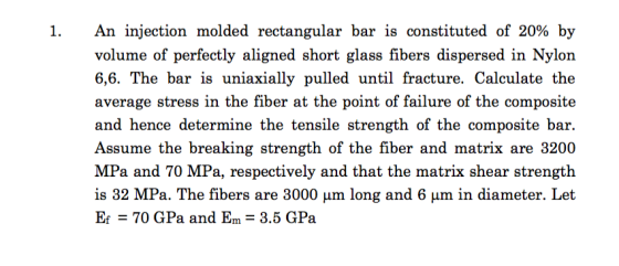 An injection molded rectangular bar is constituted of 20% by volume of perfectly aligned short glass fibers dispersed in Nylo