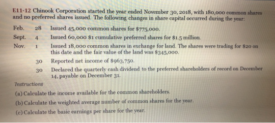 E11-12 Chinook Corporation started the year ended November 30, 2018, with 180,000 common shares and no preferred shares issue