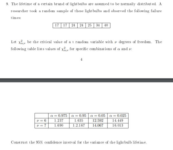 9. The lifetime of a certain brand of light bulbs are assumed to be normally distributed. A researcher took a random sample o