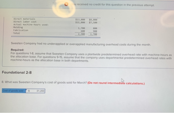 ou received no credit for this question in the previous attempt. $13, eee $21,000 $8,000 $7,500 Direct materials Direct labor