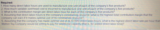 Required: 1. How many direct labor hours are used to manufacture one unit of each of the companys five products? 2. How much