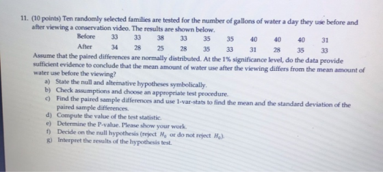 28 11. (10 points) Ten randomly selected families are tested for the number of gallons of water a day they use before and aft