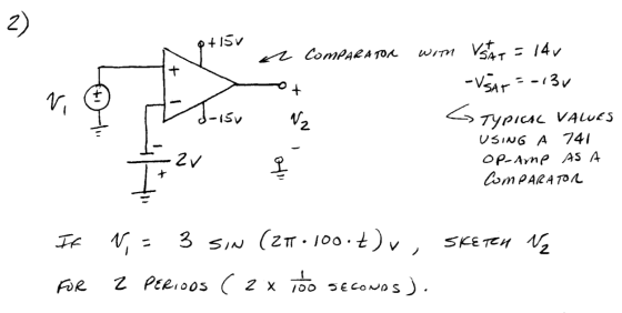 0+15V a ComPARATOR with VSAT = 14V -VSAT = -13v A + trisu Nz 1 TYPICAL VAlues USING A 741 OP-Ame AS A COMPARATON If For V, =