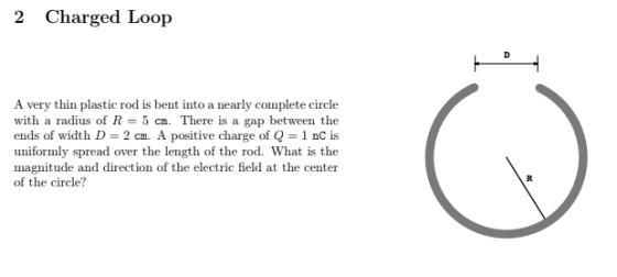 2 Charged Loop A very thin plastic rod is bent into a nearly complete circle with a radius of R-5 cm. There is a gap between the ends of width D 2 cm. A positive charge of Q-1 nC is uniformly spread over the length of the rod. What is the magnitude and direction of the electric field at the center of the circle?